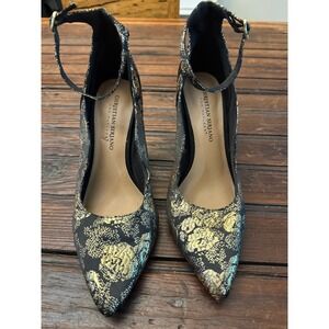 Christian Siriano for Payless Black Gold Floral Brocade Ankle Strap Heels 8W